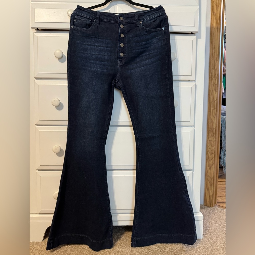 KanCan dark high rise button fly trouser super flare jeans 13/30